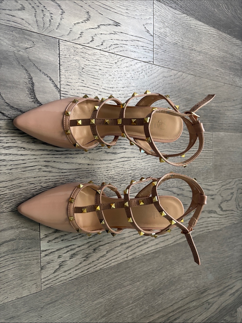Catherine Malandrino Nude Pink Pointed-Toe Studded Strappy Heels